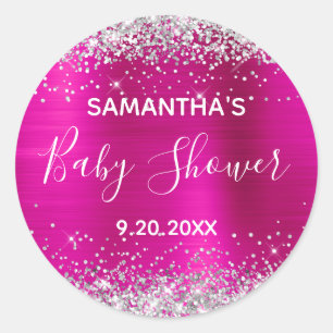 Silver Glitter Hot Pink Foil Baby Shower Classic Round Sticker