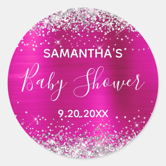 Silver Glitter Hot Pink Foil Baby Shower Classic Round Sticker (Front)