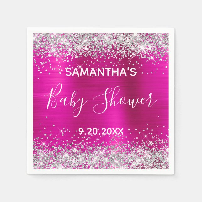 Silver Glitter Hot Pink Foil Baby Shower Napkin (Front)