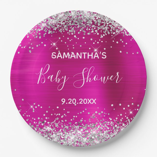 Silver Glitter Hot Pink Foil Baby Shower Paper Plate (Front)