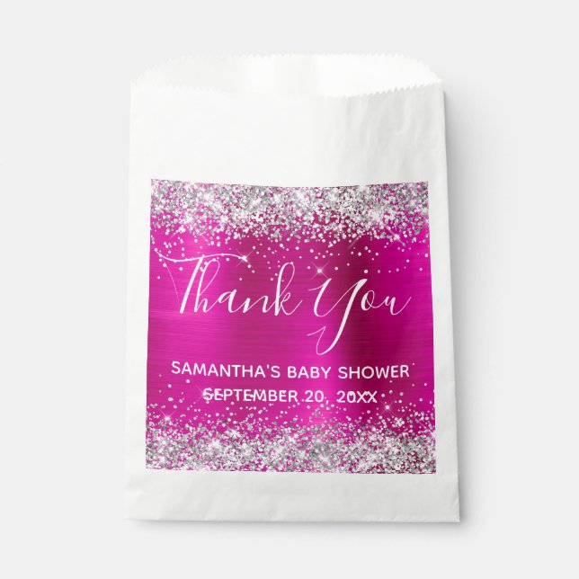 Silver Glitter Hot Pink Foil Baby Shower Thank You Favour Bags (Front)