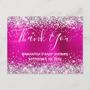 Silver Glitter Hot Pink Foil Baby Shower Thank You Postcard