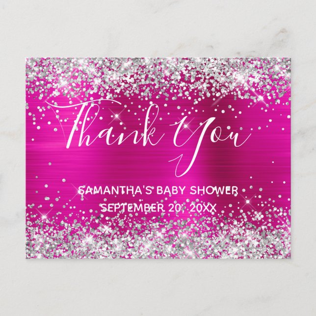 Silver Glitter Hot Pink Foil Baby Shower Thank You Postcard (Front)