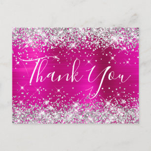 Silver Glitter Hot Pink Foil Baby Shower Thank You Postcard