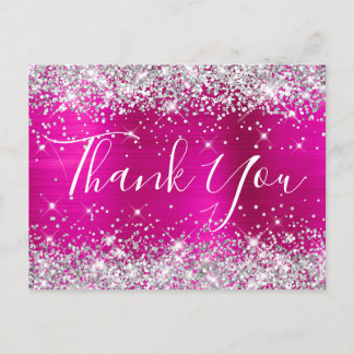 Silver Glitter Hot Pink Foil Baby Shower Thank You Postcard