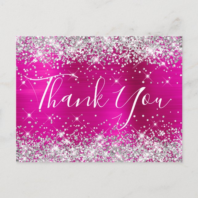 Silver Glitter Hot Pink Foil Baby Shower Thank You Postcard (Front)