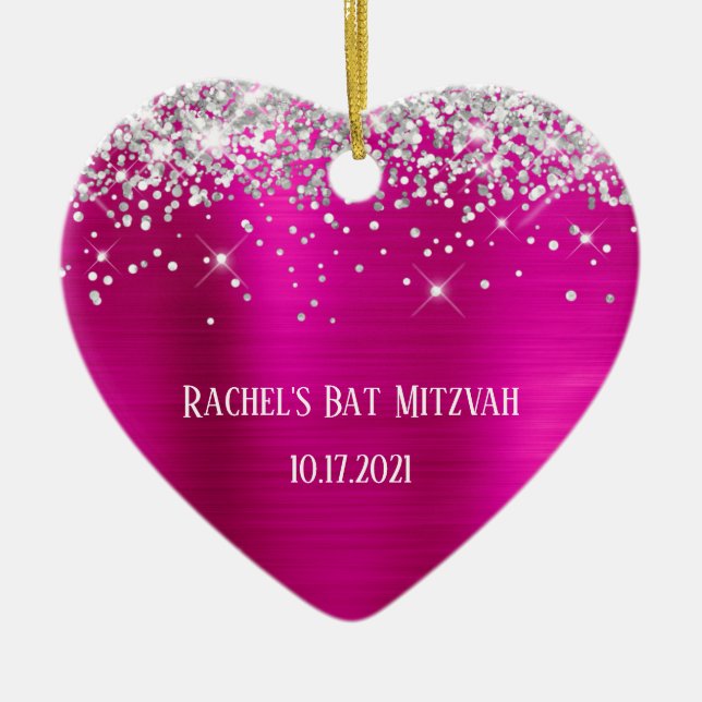 Silver Glitter Hot Pink Foil Bat Mitzvah Ceramic Tree Decoration (Front)