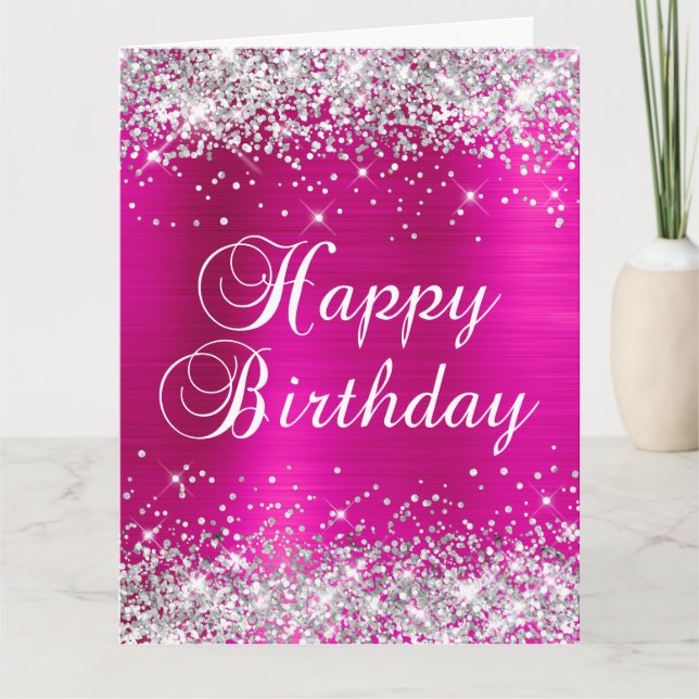 Silver Glitter Hot Pink Foil Big Happy Birthday Card (Front)