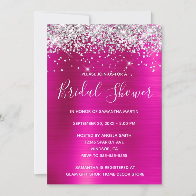 Silver Glitter Hot Pink Foil Bridal Shower Invitation (Front)