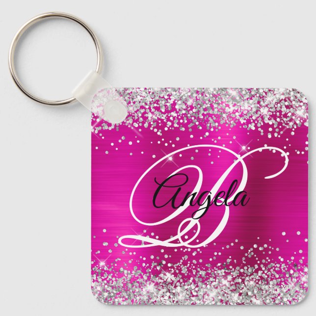 Silver Glitter Hot Pink Foil Fancy Monogram Key Ring (Front)