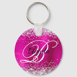 Silver Glitter Hot Pink Foil Fancy Monogram Key Ring