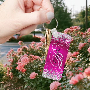 Silver Glitter Hot Pink Foil Fancy Monogram Key Ring