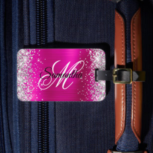 Silver Glitter Hot Pink Foil Fancy Monogram Luggage Tag