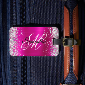 Silver Glitter Hot Pink Foil Fancy Monogram Luggage Tag