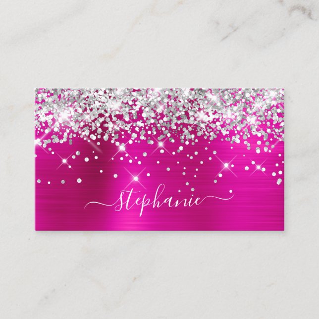 Silver Glitter Hot Pink Foil Girly Signature Business Card (Front)