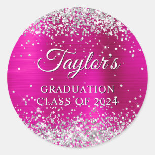 Silver Glitter Hot Pink Foil Graduation Classic Round Sticker