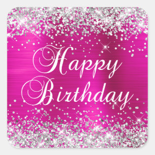 Silver Glitter Hot Pink Foil Happy Birthday Square Sticker