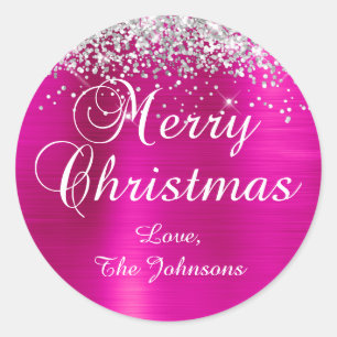Silver Glitter Hot Pink Foil Merry Christmas Classic Round Sticker