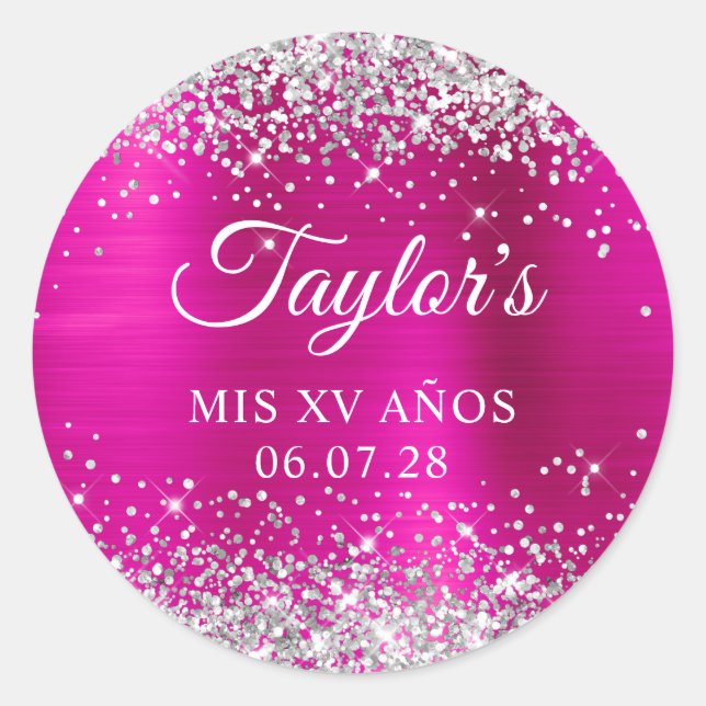Silver Glitter Hot Pink Foil Mis XV Anos Birthday Classic Round Sticker (Front)