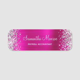 Silver Glitter Hot Pink Foil Name Title Tag