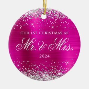 Silver Glitter Hot Pink Foil Our 1st Christmas Ceramic Tree Decoration