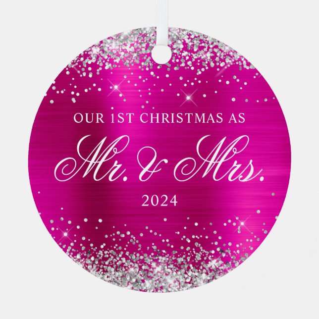 Silver Glitter Hot Pink Foil Our 1st Christmas Metal Tree Decoration (Front)