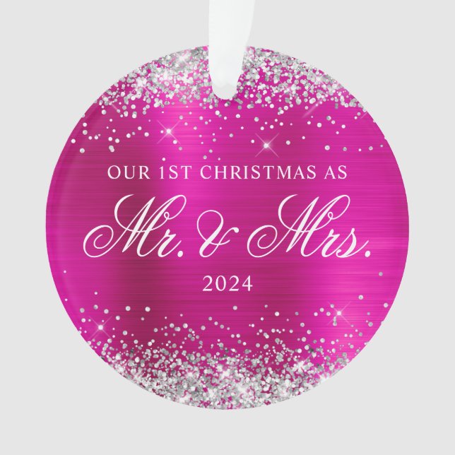 Silver Glitter Hot Pink Foil Our 1st Christmas Ornament (Front)
