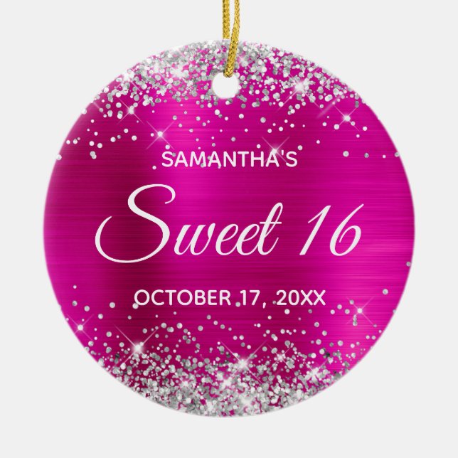 Silver Glitter Hot Pink Foil Sweet 16 Birthday Ceramic Tree Decoration (Front)