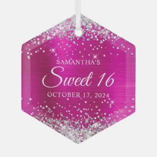 Silver Glitter Hot Pink Foil Sweet 16 Glass Tree Decoration