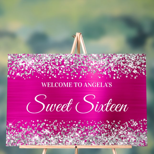 Silver Glitter Hot Pink Foil Sweet Sixteen Acrylic Sign (Neutral)