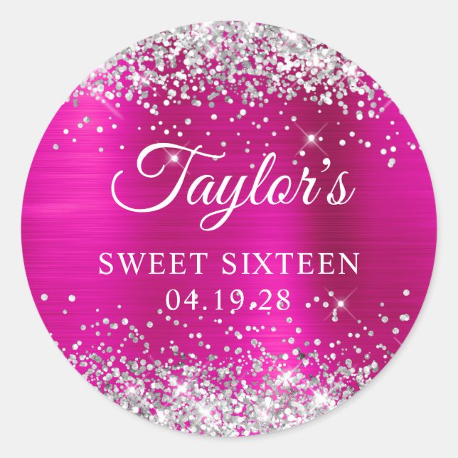 Silver Glitter Hot Pink Foil Sweet Sixteen Classic Round Sticker (Front)
