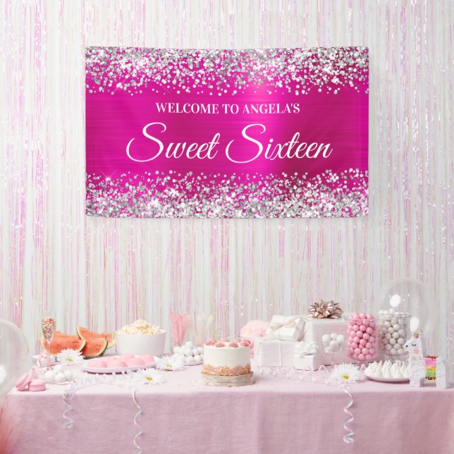 Silver Glitter Hot Pink Foil Sweet Sixteen Welcome Banner (Party)