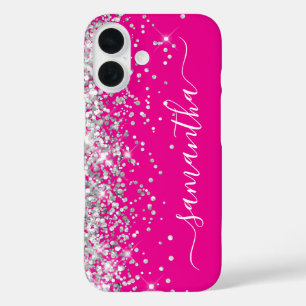 Silver Glitter Hot Pink Girly Signature iPhone 16 Case