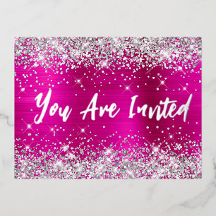 Silver Glitter Hot Pink Glam 21st Birthday Foil Invitation Postcard