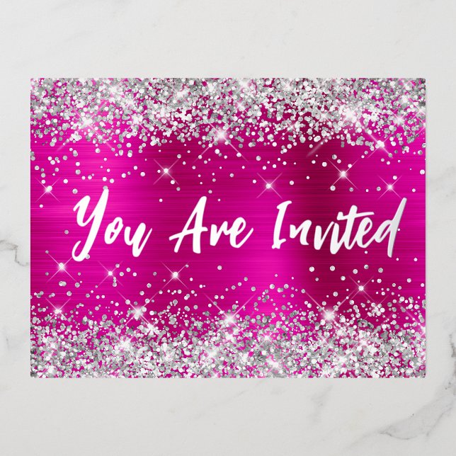 Silver Glitter Hot Pink Glam 21st Birthday Foil Invitation Postcard (Front)