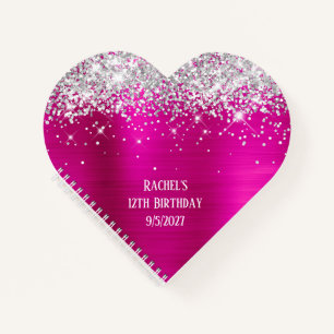 Silver Glitter Hot Pink Glam Heart 12th Birthday Notebook