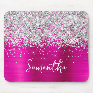 Silver Glitter Hot Pink Glam Name Mouse Mat
