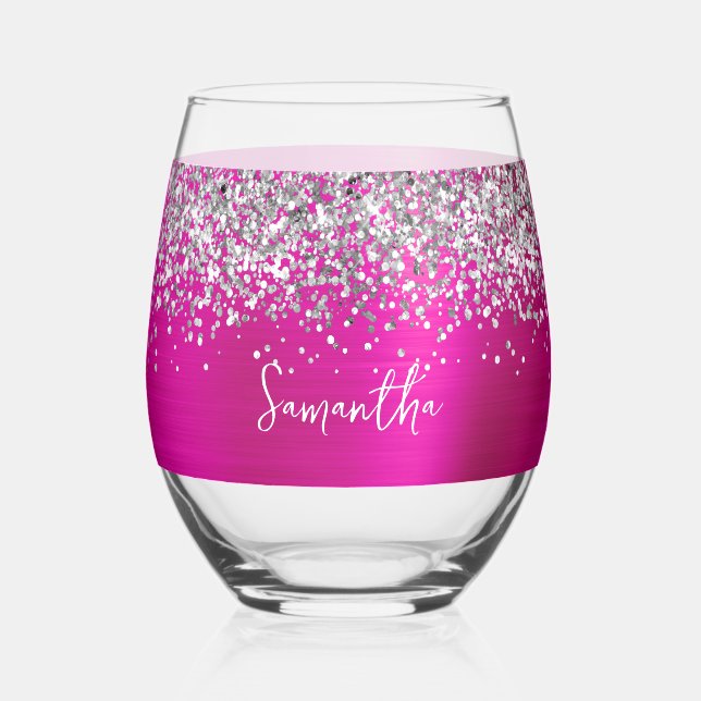 Silver Glitter Hot Pink Glam Name Stemless Wine Glass (Front)