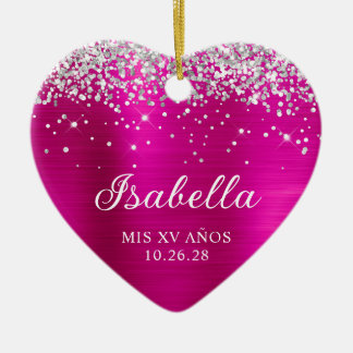 Silver Glitter Hot Pink Mis XV Anos Name Photo Ceramic Tree Decoration
