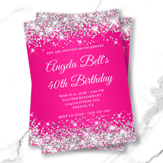 Silver Glitter Hot Pink Monogram 40th Birthday Invitation