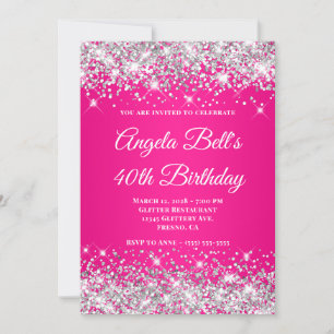 Silver Glitter Hot Pink Monogram 40th Birthday Invitation
