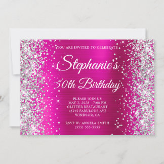 Silver Glitter Hot Pink Monogram 50th Birthday Invitation