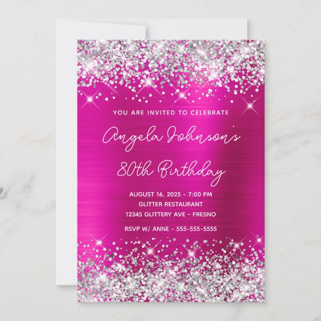 Silver Glitter Hot Pink Monoline 80th Birthday Invitation (Front)