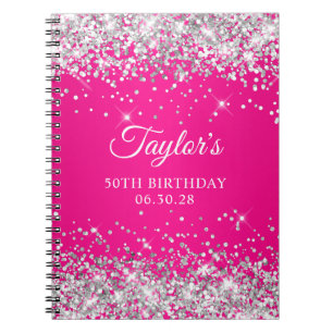 Silver Glitter Hot Pink Ombre 50th Birthday Guest Notebook