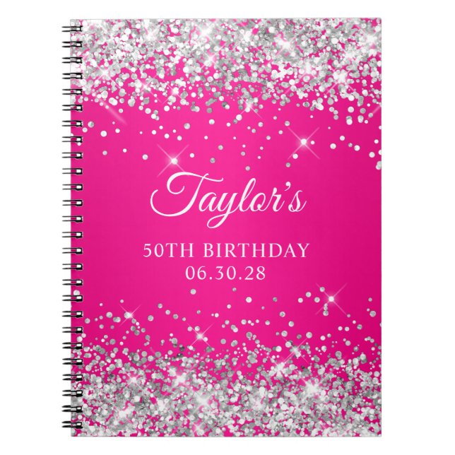Silver Glitter Hot Pink Ombre 50th Birthday Guest Notebook (Front)