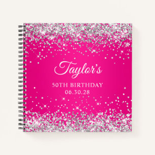 Silver Glitter Hot Pink Ombre 50th Birthday Guest Notebook