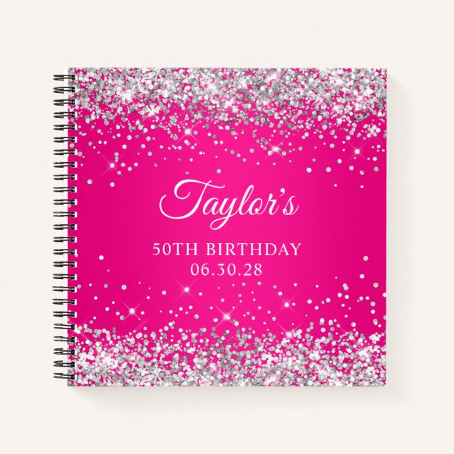 Silver Glitter Hot Pink Ombre 50th Birthday Guest Notebook (Front)