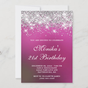 Silver Glitter Hot Pink Ombre Bold 21st Birthday Invitation