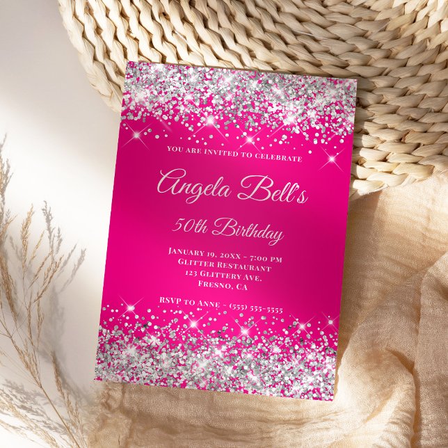 Silver Glitter Hot Pink Ombre Fancy Monogram Invitation (Create your own hot pink birthday invite for her.)