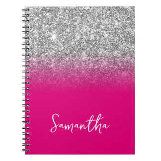 Silver Glitter Hot Pink Ombre Name Notebook